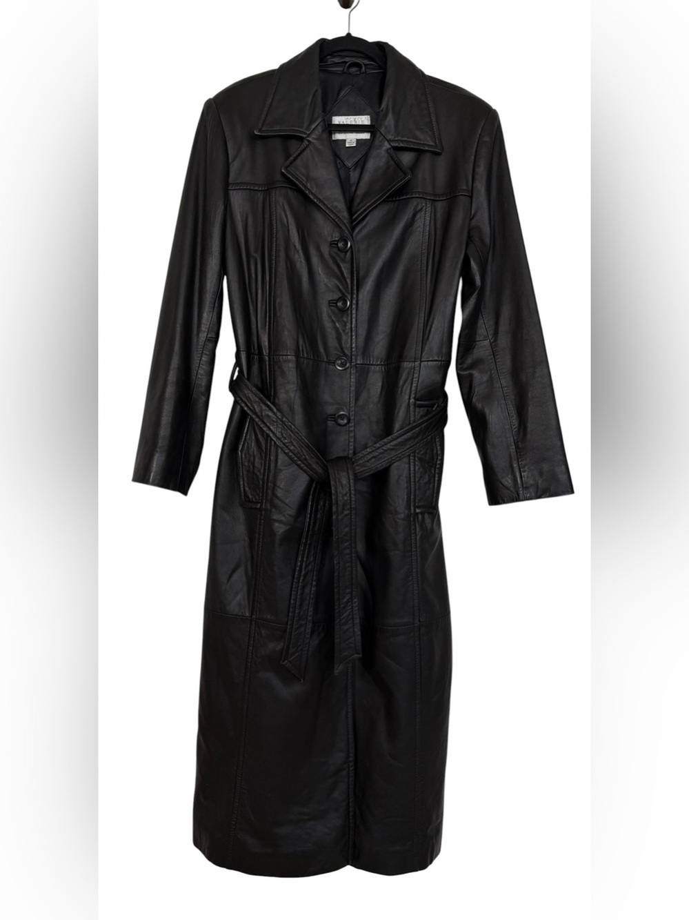 Vintage Lambskin Leather Black Trench Coat Long Belted Valerie Stevens Sz Medium